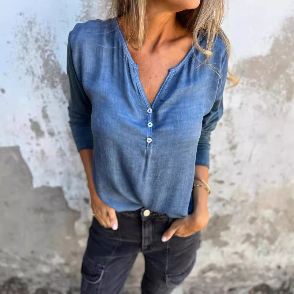 European And American Leisure V-neck Solid Color Long-sleeved Top