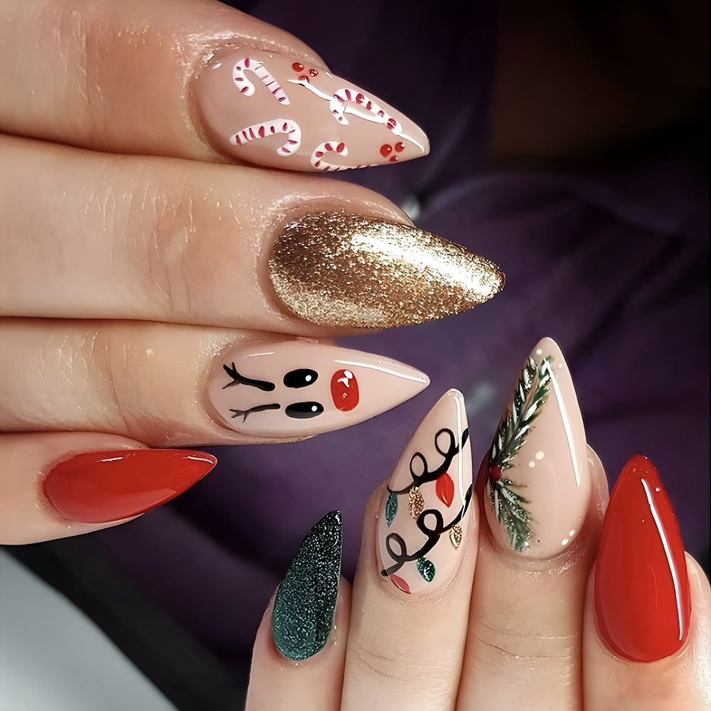 Christmas Wearable Candy Cane Elk Drop Shape Nail Sticker - EL CHEG