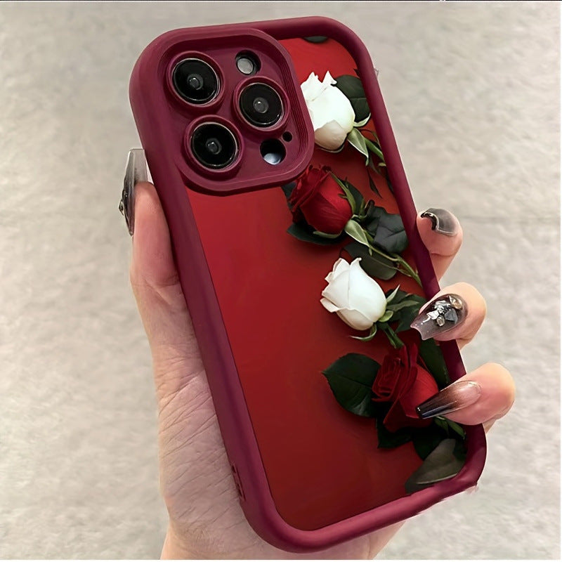 Wine Red White Rose Printed Silicone Phone Case