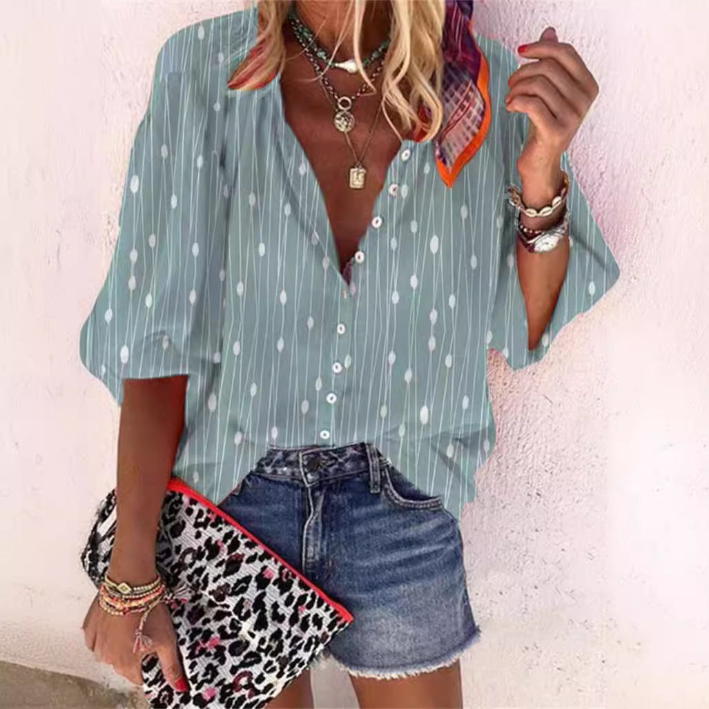 Women's Retro Fashion Stand Collar Loose Button Printed Casual Shirt