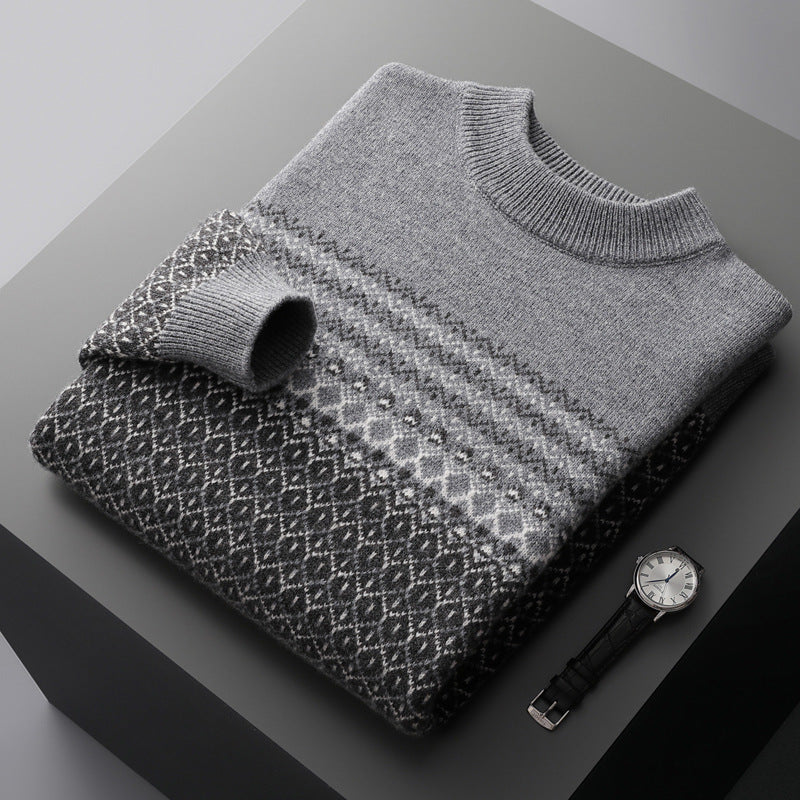 Men's Pure Wool Sweater Loose-fitting Casual Round-neck Color Matching