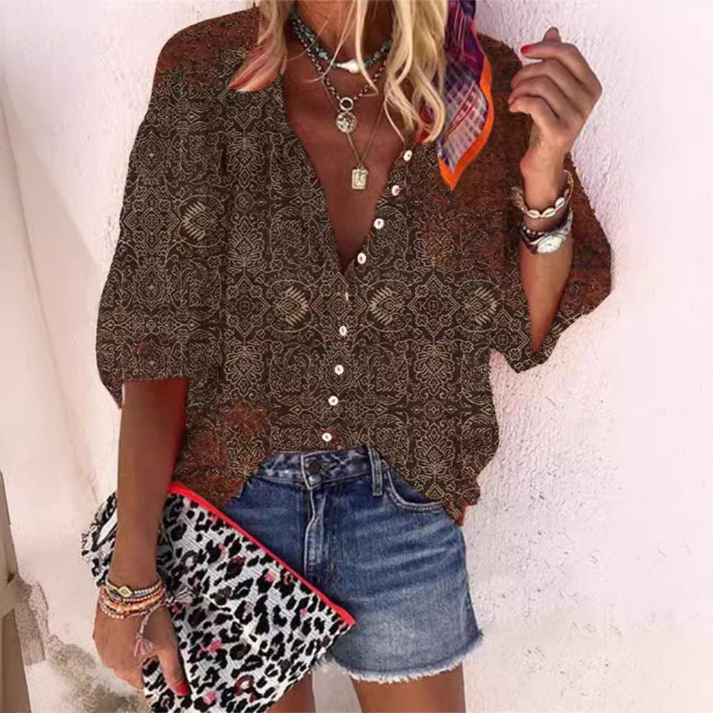 Women's Retro Fashion Stand Collar Loose Button Printed Casual Shirt