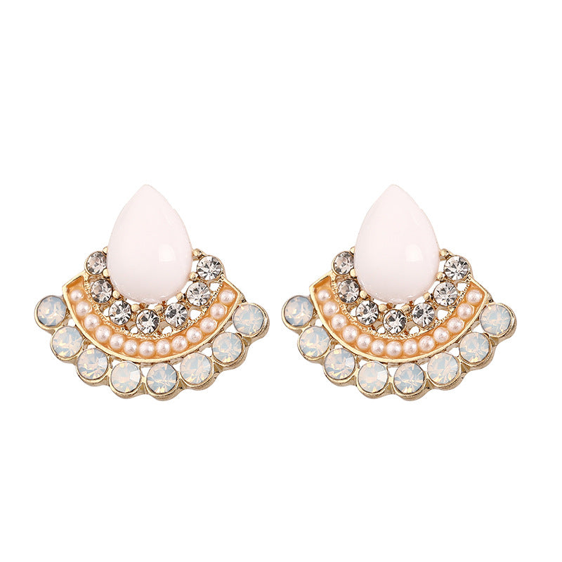 Women's Retro Sterling Silver Needle Opal Fan-shaped Rhinestone Earrings