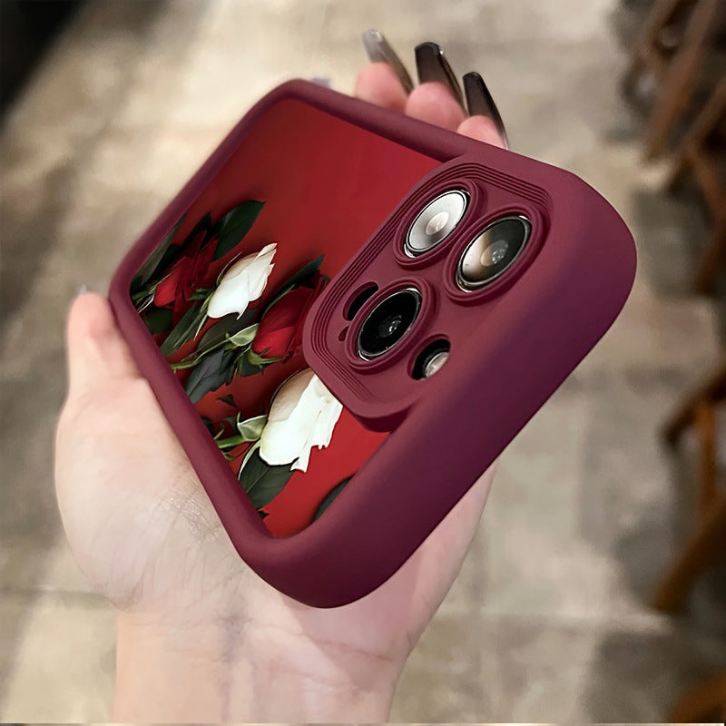 Wine Red White Rose Printed Silicone Phone Case