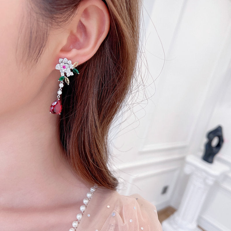 Sterling Silver Needle Affordable Luxury Style Flower Zircon Camellia Long Tassel Water Drop Earrings