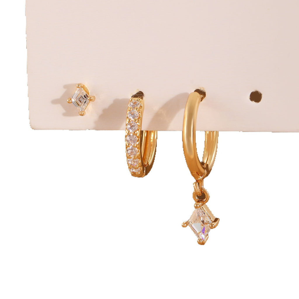 High Sense Inlaid Zircon Fashion Diamond Pendant Ear Ring Ear Clip Ear Studs Ladies Three-piece Set