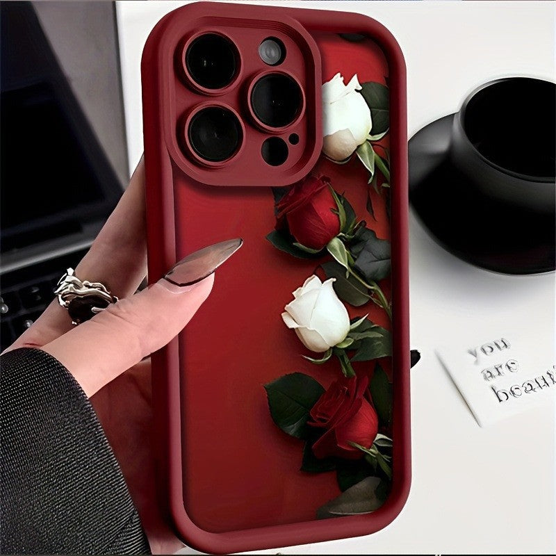 Wine Red White Rose Printed Silicone Phone Case