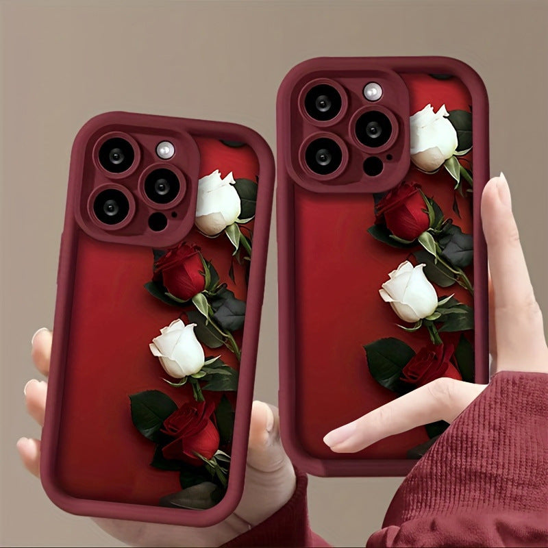Wine Red White Rose Printed Silicone Phone Case