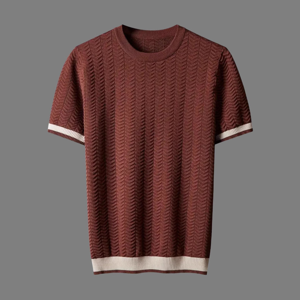 Men's Round Neck Contrast Color Jacquard Texture Slim-fit Short Sleeve