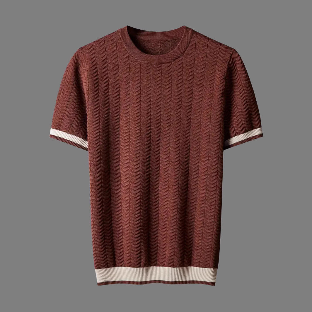 Men's Round Neck Contrast Color Jacquard Texture Slim-fit Short Sleeve
