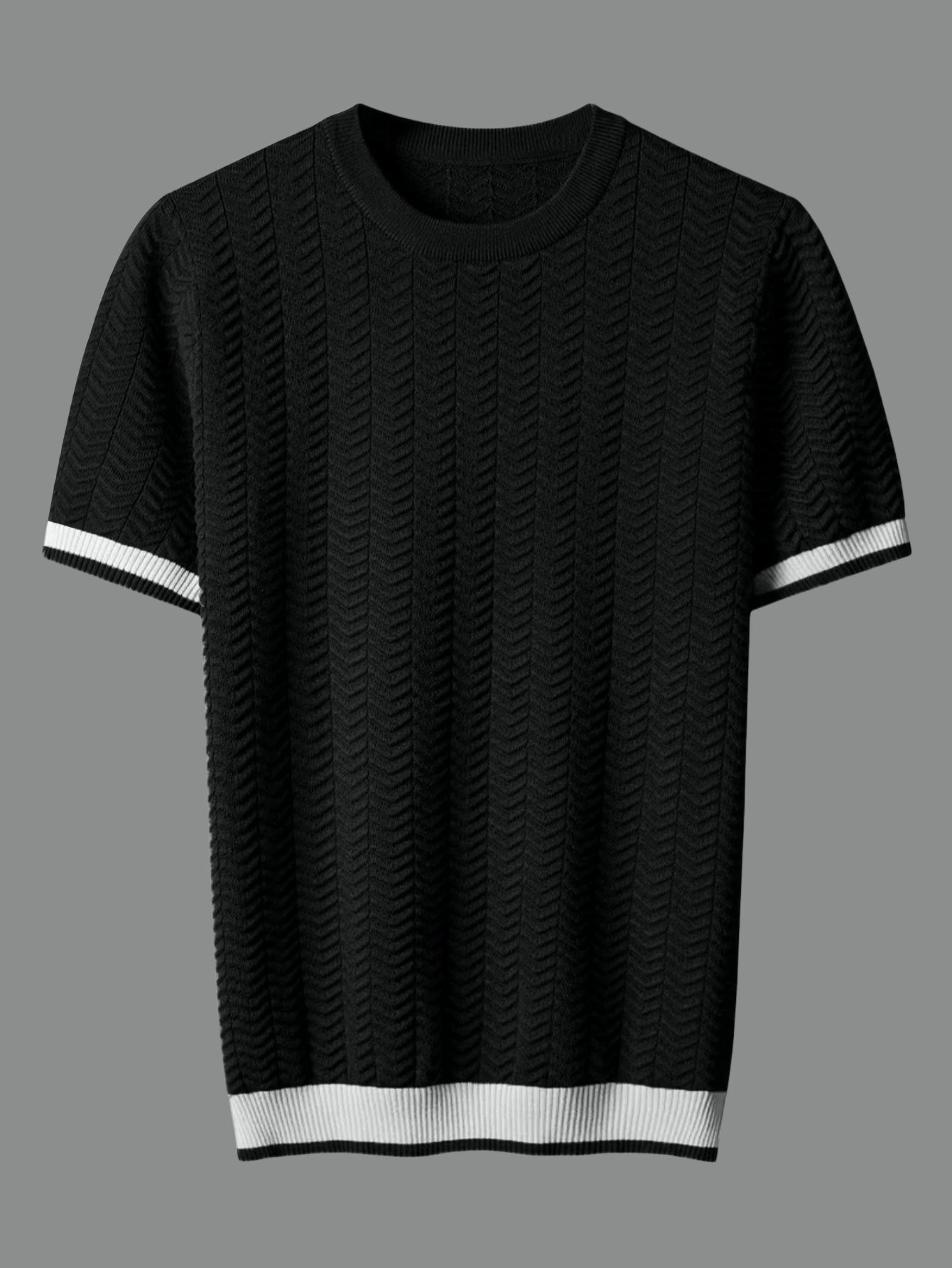 Men's Round Neck Contrast Color Jacquard Texture Slim-fit Short Sleeve