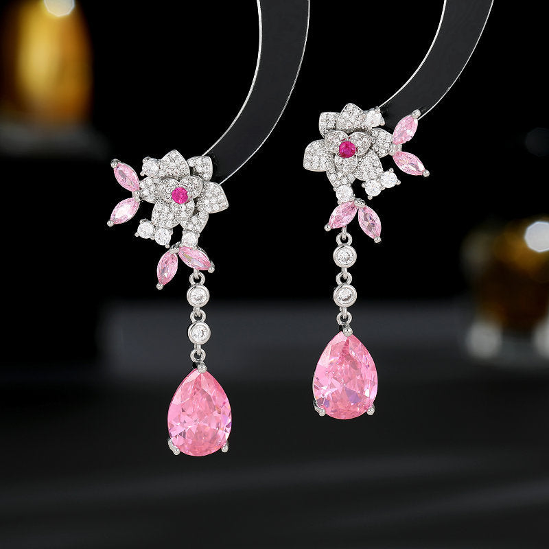 Sterling Silver Needle Affordable Luxury Style Flower Zircon Camellia Long Tassel Water Drop Earrings