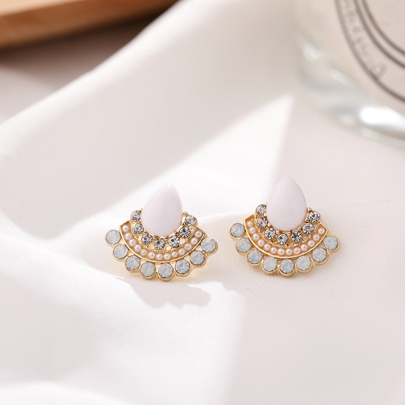 Women's Retro Sterling Silver Needle Opal Fan-shaped Rhinestone Earrings