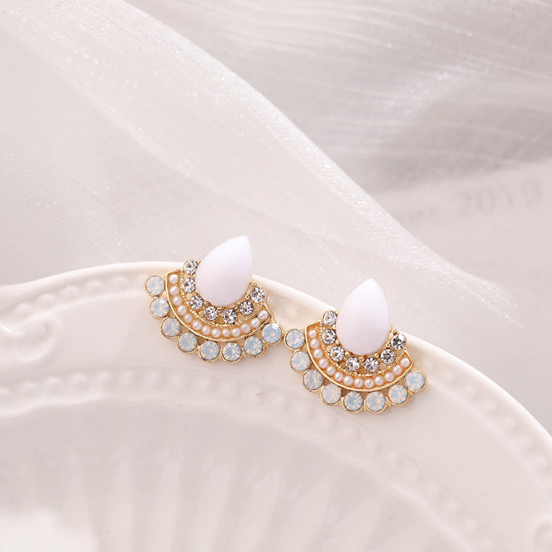 Women's Retro Sterling Silver Needle Opal Fan-shaped Rhinestone Earrings