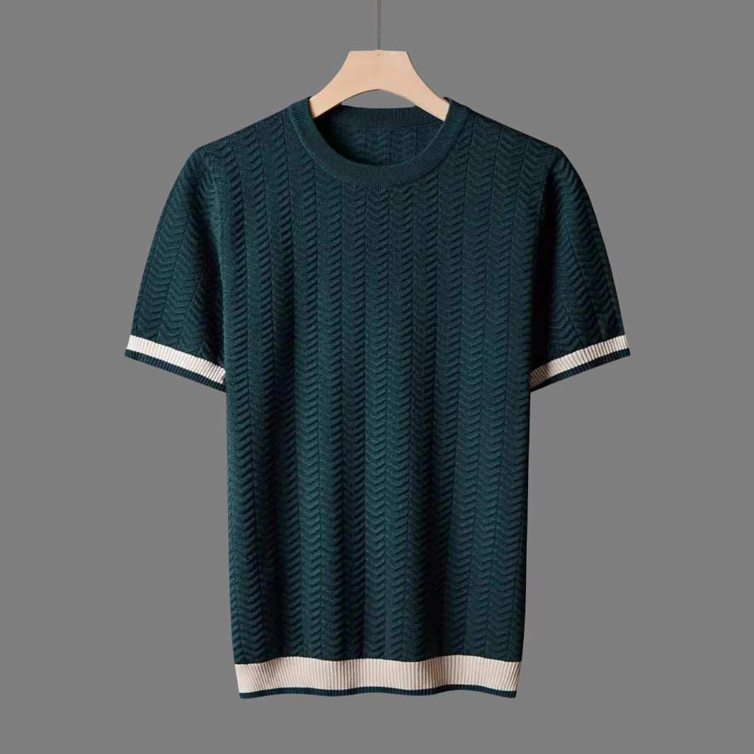 Men's Round Neck Contrast Color Jacquard Texture Slim-fit Short Sleeve