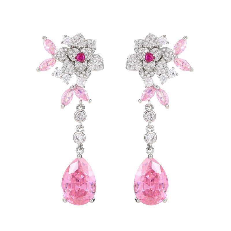 Sterling Silver Needle Affordable Luxury Style Flower Zircon Camellia Long Tassel Water Drop Earrings