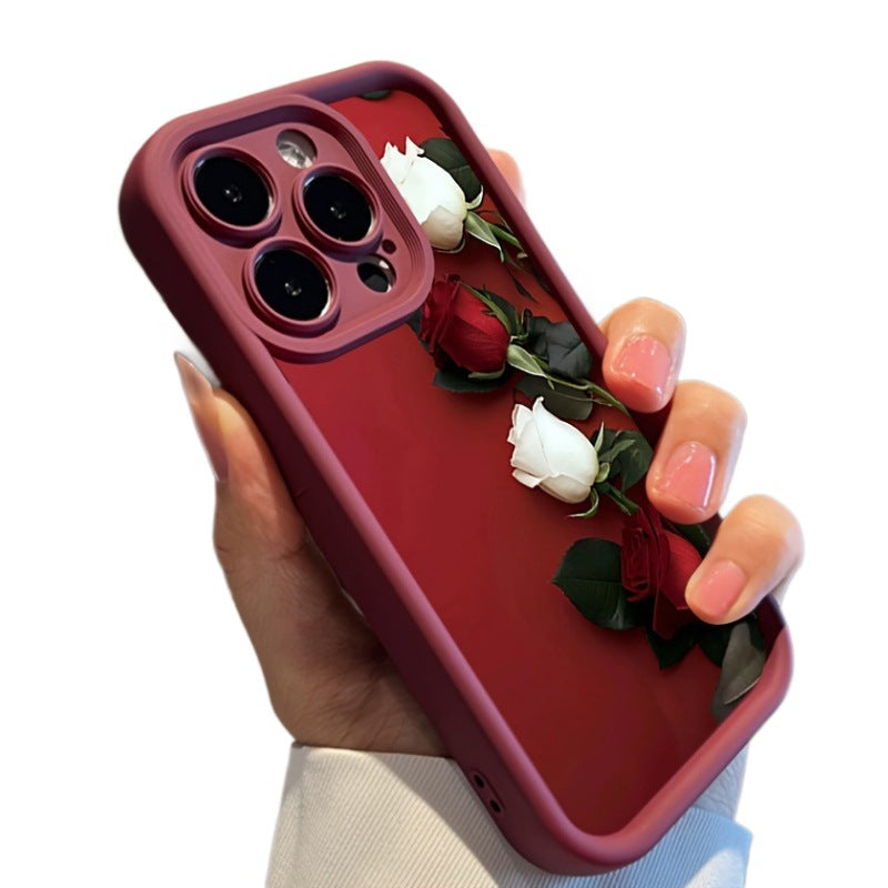 Wine Red White Rose Printed Silicone Phone Case