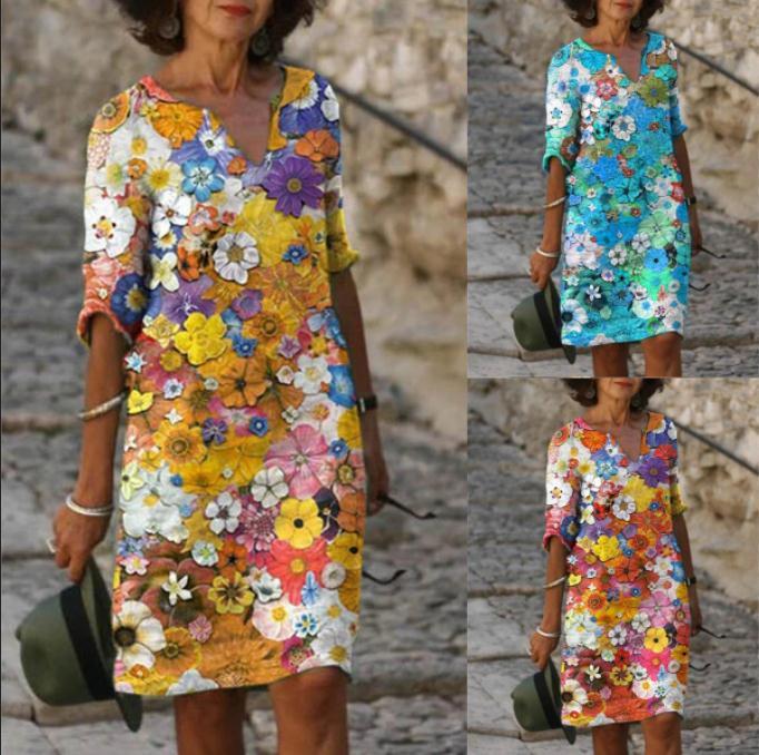 Women's New Style Temperament Blue Hedging Fashion Print Dress