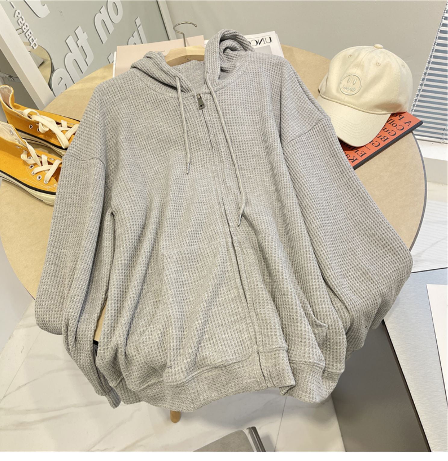 Waffle Hooded Women's Loose Slimming Zipper Cardigan
