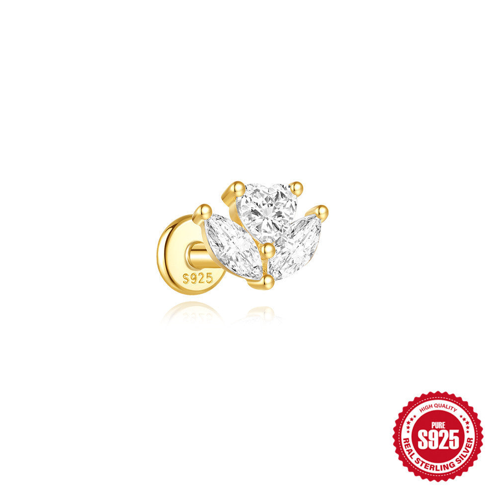 Sterling Silver Opal Diamond-embedded Flat Head Thread Piercing Ear Bone Stud