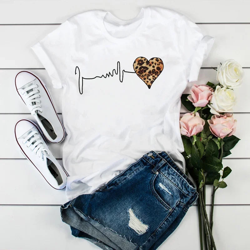 Summer New 90 's Leopard Heartbeat Short Sleeve Print Clothing Women's T-Shirt Harajuku Graphic Clothing Women's Top Tee - EL CHEG