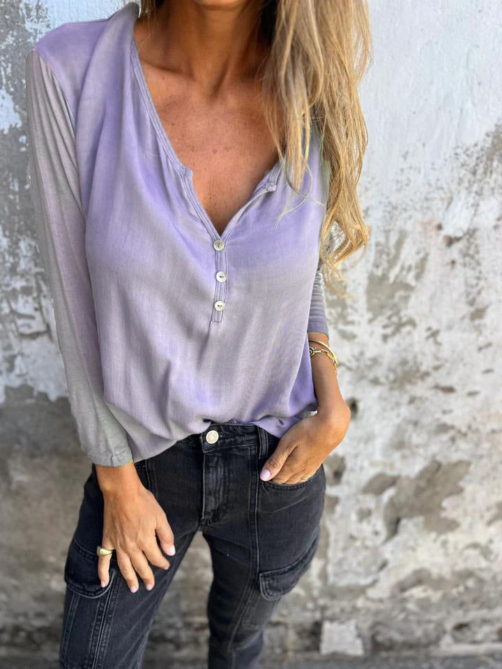 European And American Leisure V-neck Solid Color Long-sleeved Top
