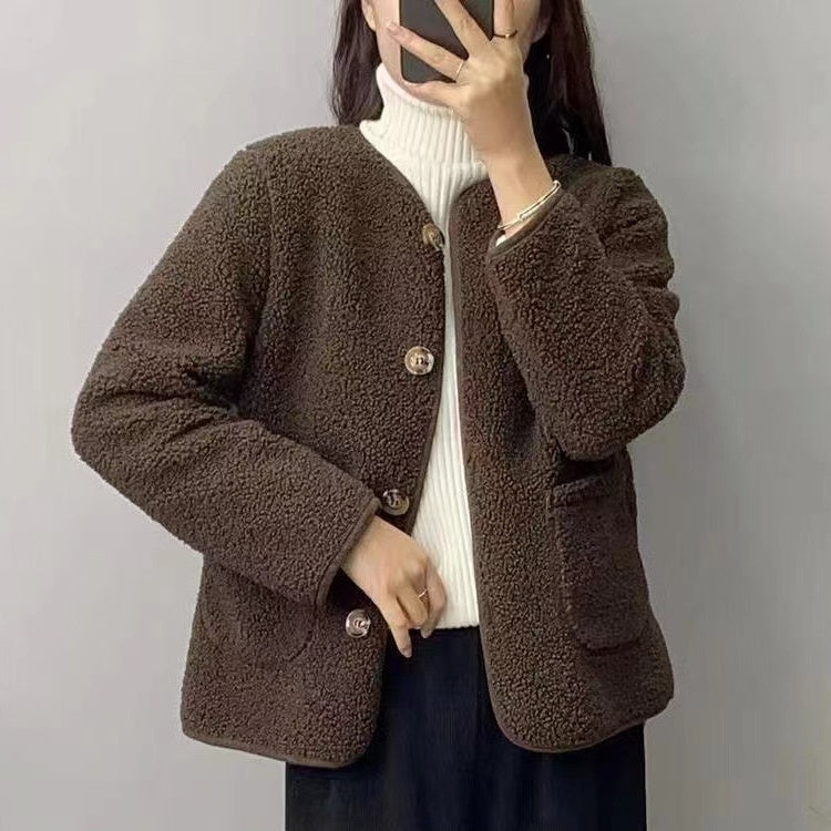 Round Neck Lamb Wool Loose Coat