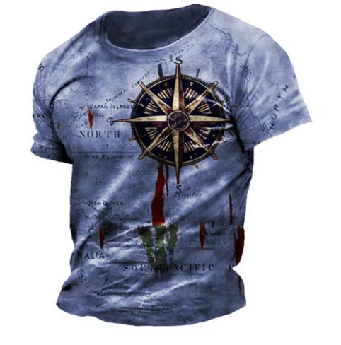 Men's Vintage Nautical Map Compass Printed T-shirt