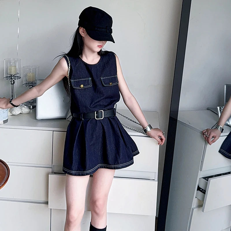 Stylish Kids Fashion Denim Bodysuit Dress for Girls Vintage Dark Blue Jeans Skirt With Belt Child Trendy Streetwear Outfit 5-14Y - EL CHEG