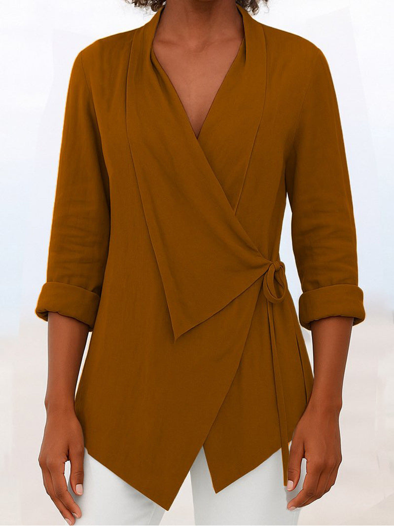 Women's Autumn And Winter V-neck Cotton And Linen Solid Color Shirt