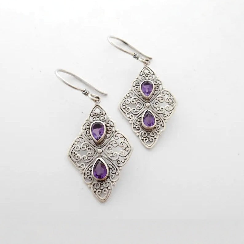 Metal Hollow Ancient Silver-plated Inlaid Purple Zircon Earrings