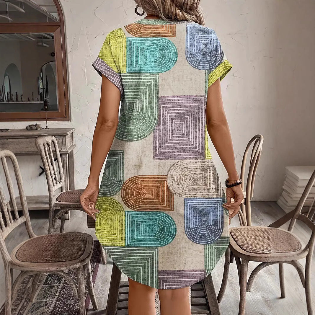 Printed Woven Elegant V-neck Button Dress