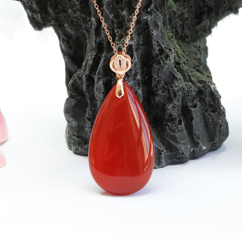 Inlaid Natural Red Agate Pendant Chalcedony Water Drop Necklace