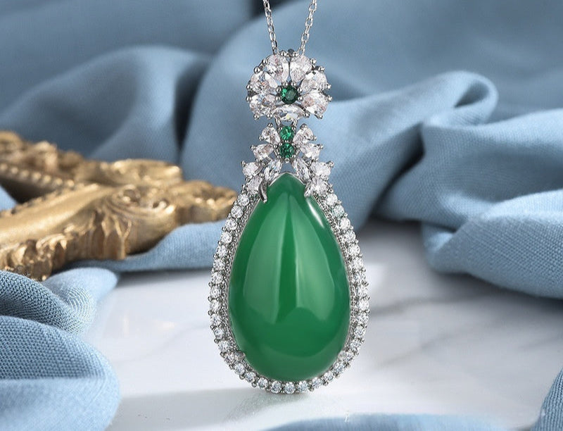Natural High Quality Ice Jadeite Jade Green Chalcedony Pendant Inlaid Water Drop