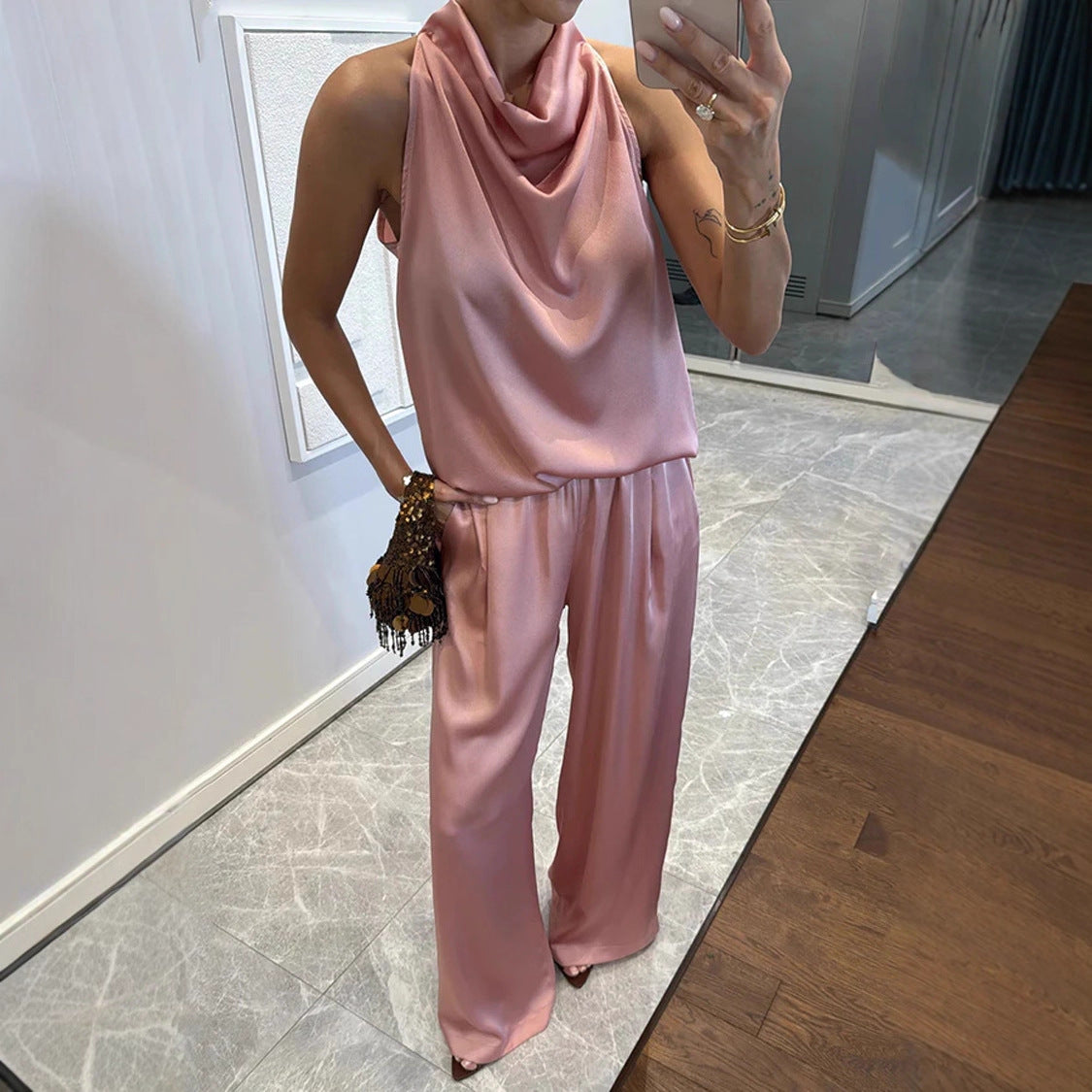 Women's Sleeveless Trousers Loose Satin Two-piece Set