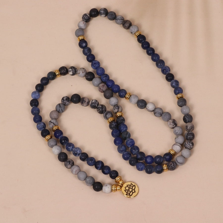 Multi Layer Bracelet With Blue Patterned Network Stone Beads