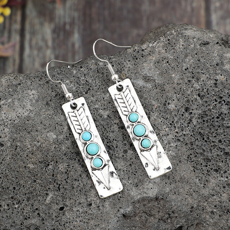 Long Strip Inlaid Turquoise Temperament Alloy Trendy Earrings