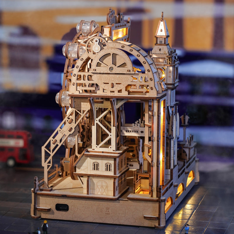 ROBOTIME 3D Wooden Puzzle London City Mechanical Model With Marble Run & LED Lights, DIY Decorative Kit For Adults & Teens.