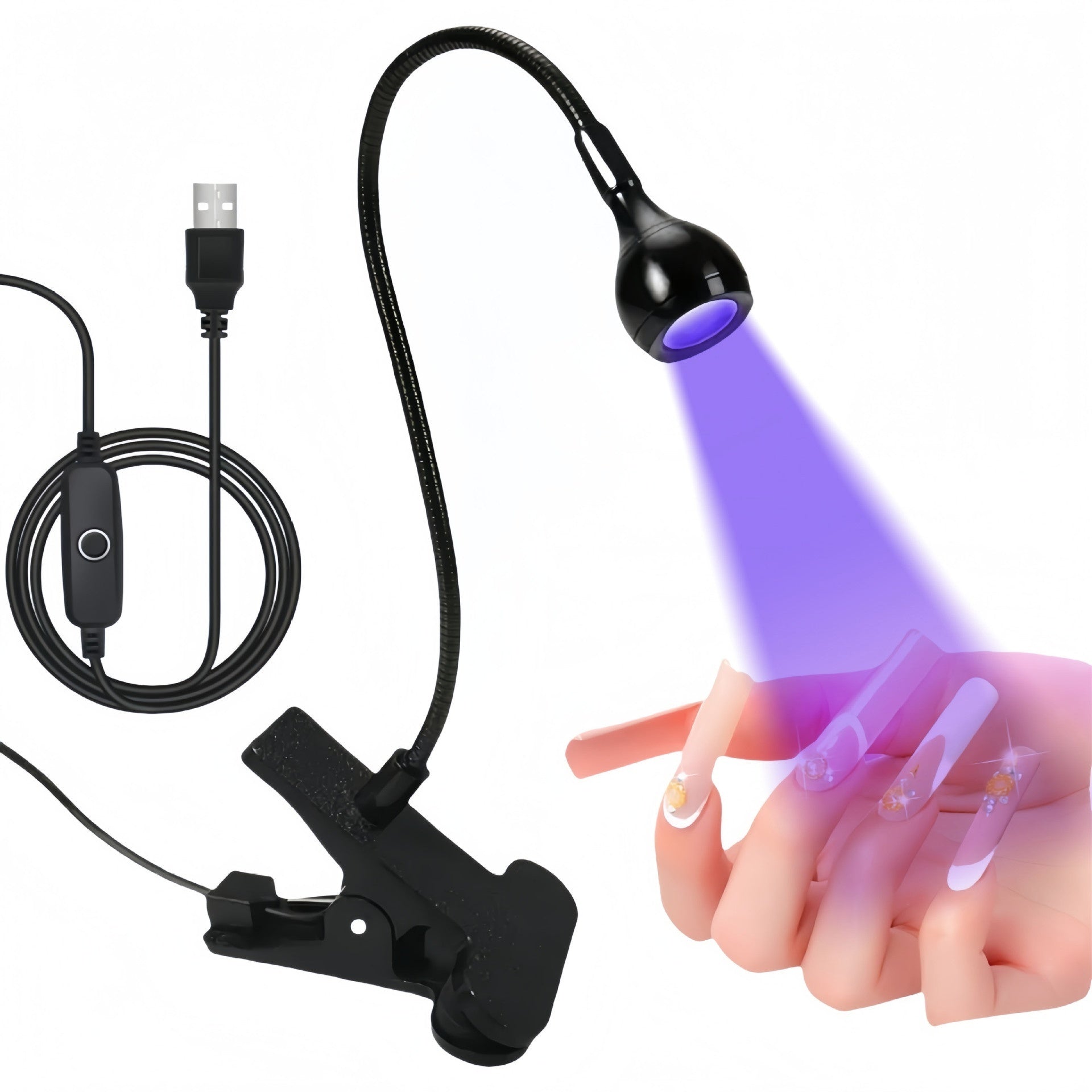 Goose Neck Nail Lamp USB Clip 395 Phototherapy Lamp Nail Polish UV Glue Curing Lamp Purple Light Lamp Nail Art Straight Lamp - EL CHEG