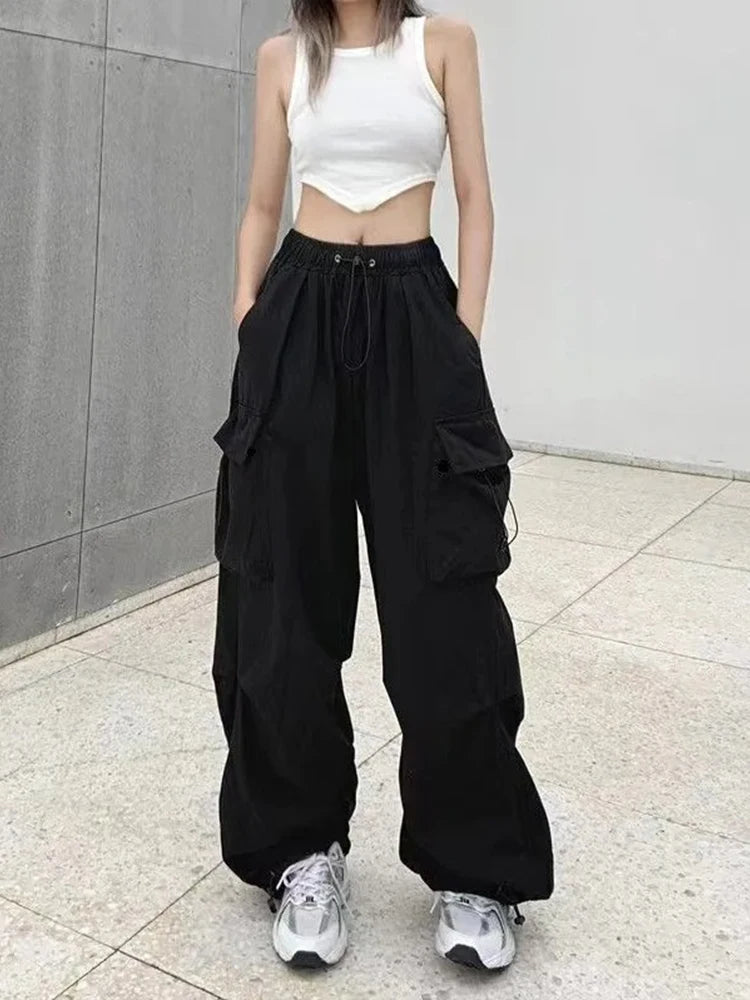 Women Casual Joggers Tech Pants Solid Low Waist Pants Drawstring Wide Leg Baggy Trousers Y2k Streetwear Oversize Sweatpants - EL CHEG