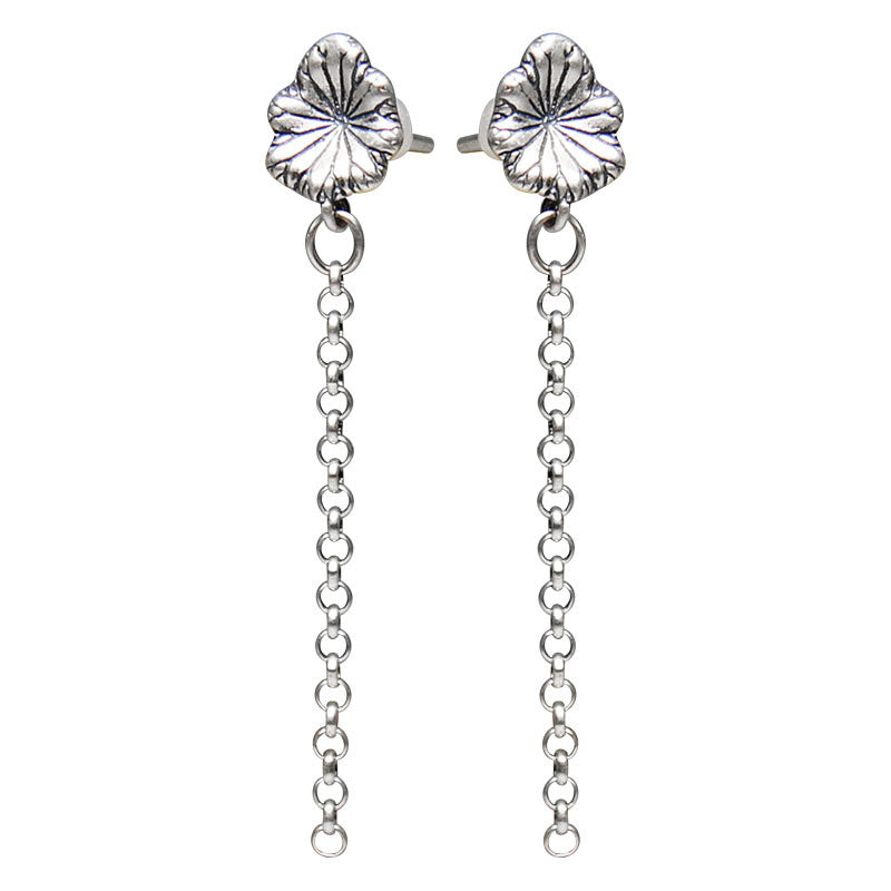 925 Sterling Silver Long Tassel Stud Earrings Women's Ethnic Style Lotus Leaf
