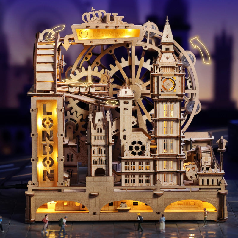 ROBOTIME 3D Wooden Puzzle London City Mechanical Model With Marble Run & LED Lights, DIY Decorative Kit For Adults & Teens.