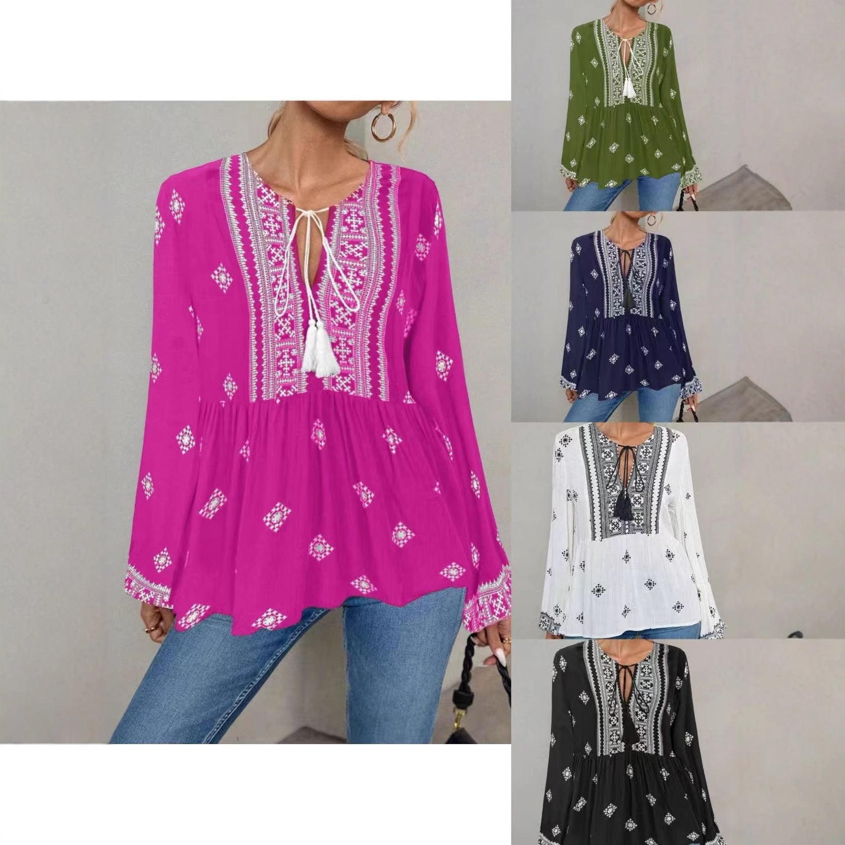Retro National Style Half-open Collar Lace-up Loose Lantern Sleeve Shirt
