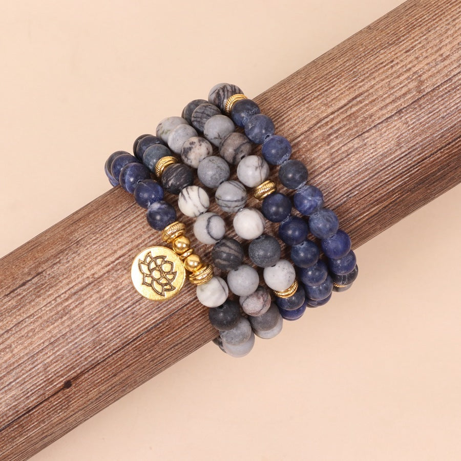 Multi Layer Bracelet With Blue Patterned Network Stone Beads