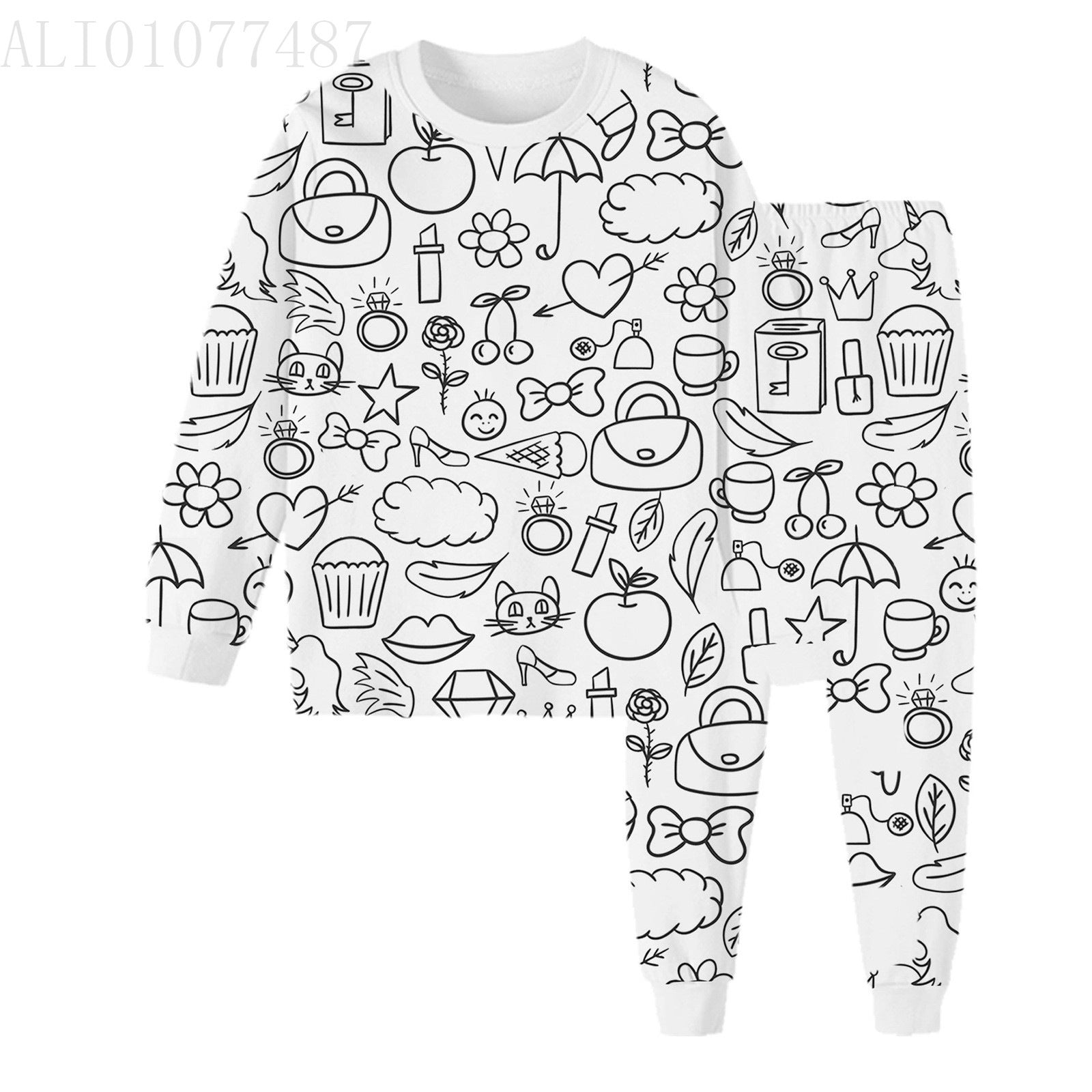 Black And White Cartoon Cartoon Pattern Long-sleeved T-shirt And Trousers Two-piece Home Wear Children's Suit