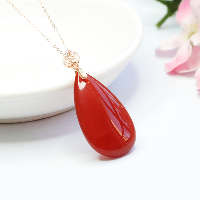 Inlaid Natural Red Agate Pendant Chalcedony Water Drop Necklace