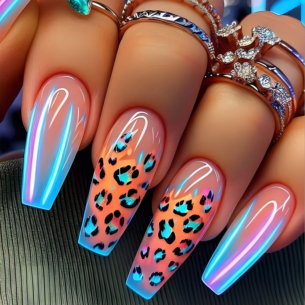 Blue Edge French Gradient Contrast Leopard Print Nail Tips - EL CHEG
