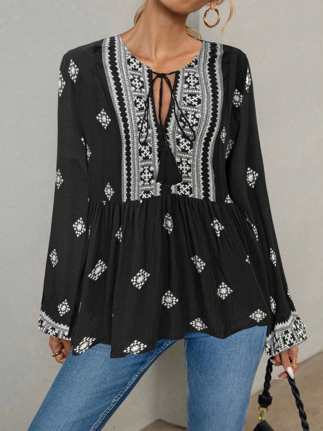 Retro National Style Half-open Collar Lace-up Loose Lantern Sleeve Shirt