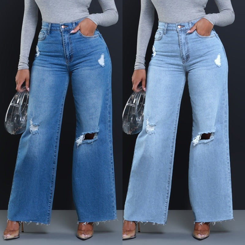 Women's Ripped High Waist Loose Straight Wide Leg Jeans