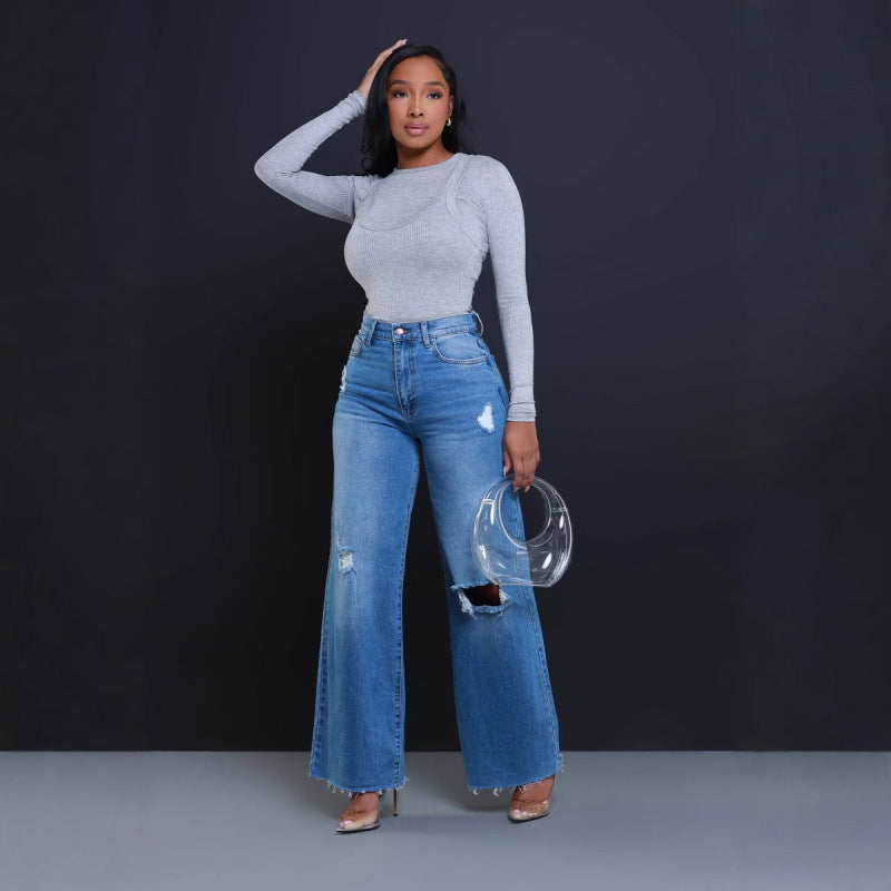 Women's Ripped High Waist Loose Straight Wide Leg Jeans